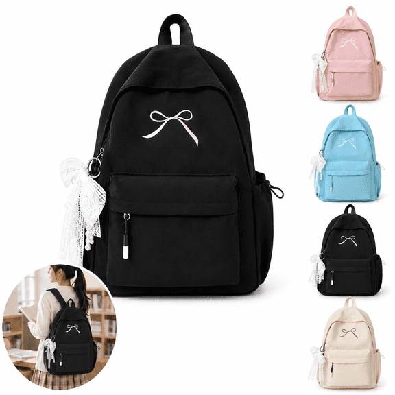Bow Backpack Black, Japanese Style Large Capacity Daypack with 14 Inch Laptop Compartment, Casual Travel Bag for Teens Students