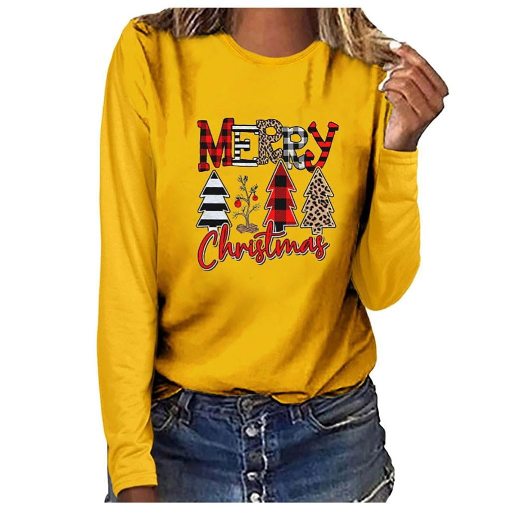 KIDDAD Women's Merry Christmas Shirt - Leopard Christmas Tree Graphic Tee With Plaid Sleeves