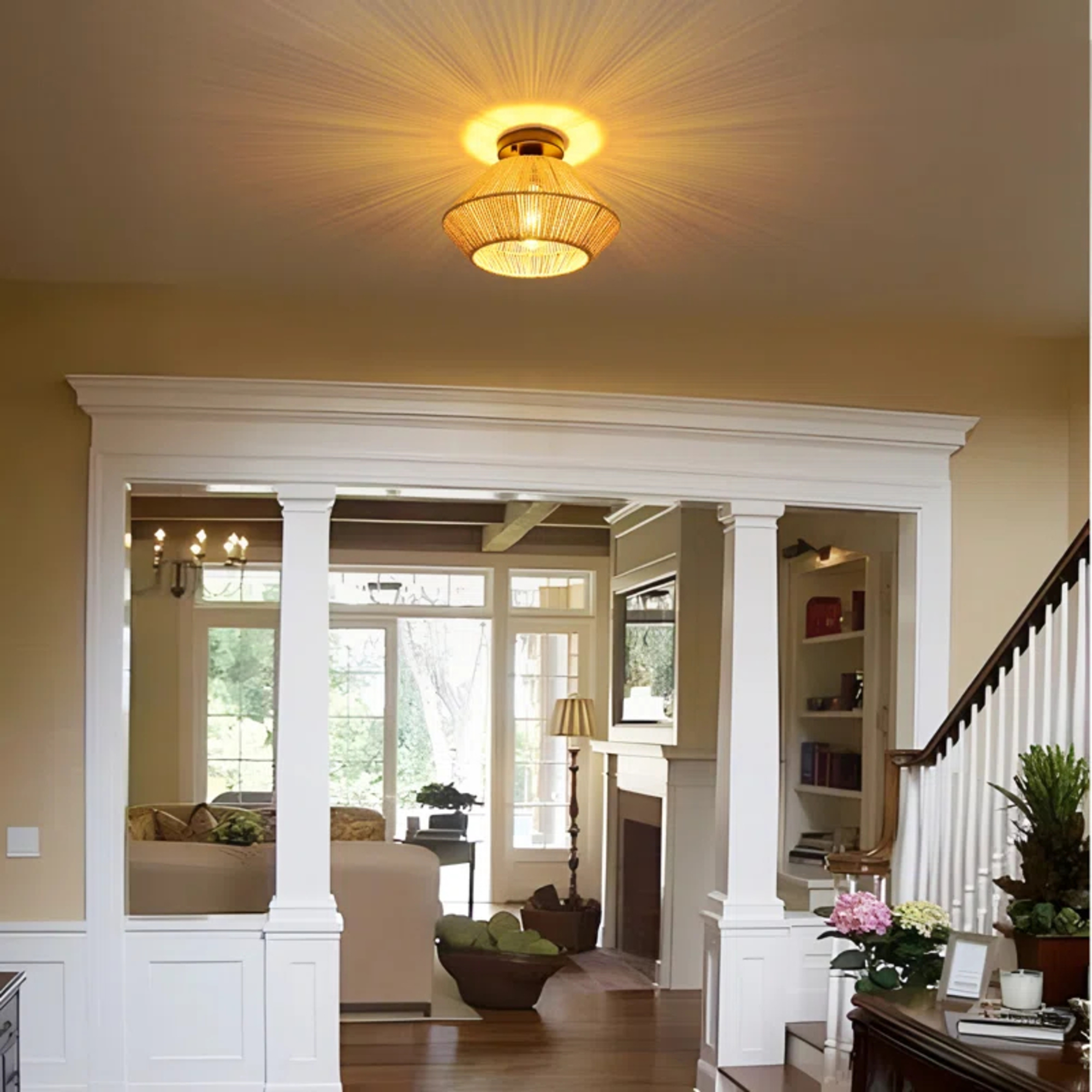 MultiEase Boho Ceiling Light Fixtures: Mini Rattan Chandelier - Woven Flush Mount Ceiling Lamp for Hallway Bedroom Kitchen Entryway Living Room