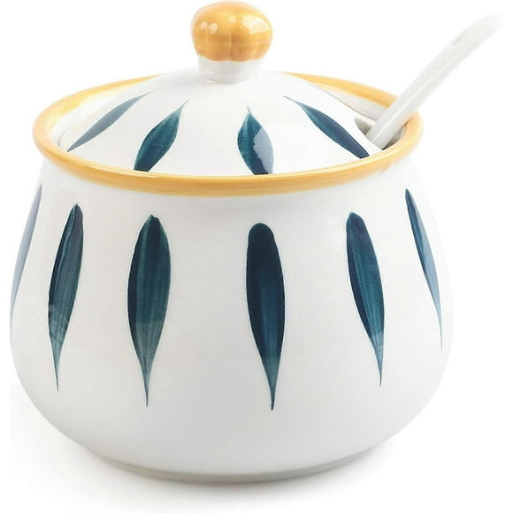Porcelain Sugar Bowl with Lid and Spoon, Ceramic Sugar Container for Kitchen and Home, Farmhouse Sugar Jars for Coffee Bar