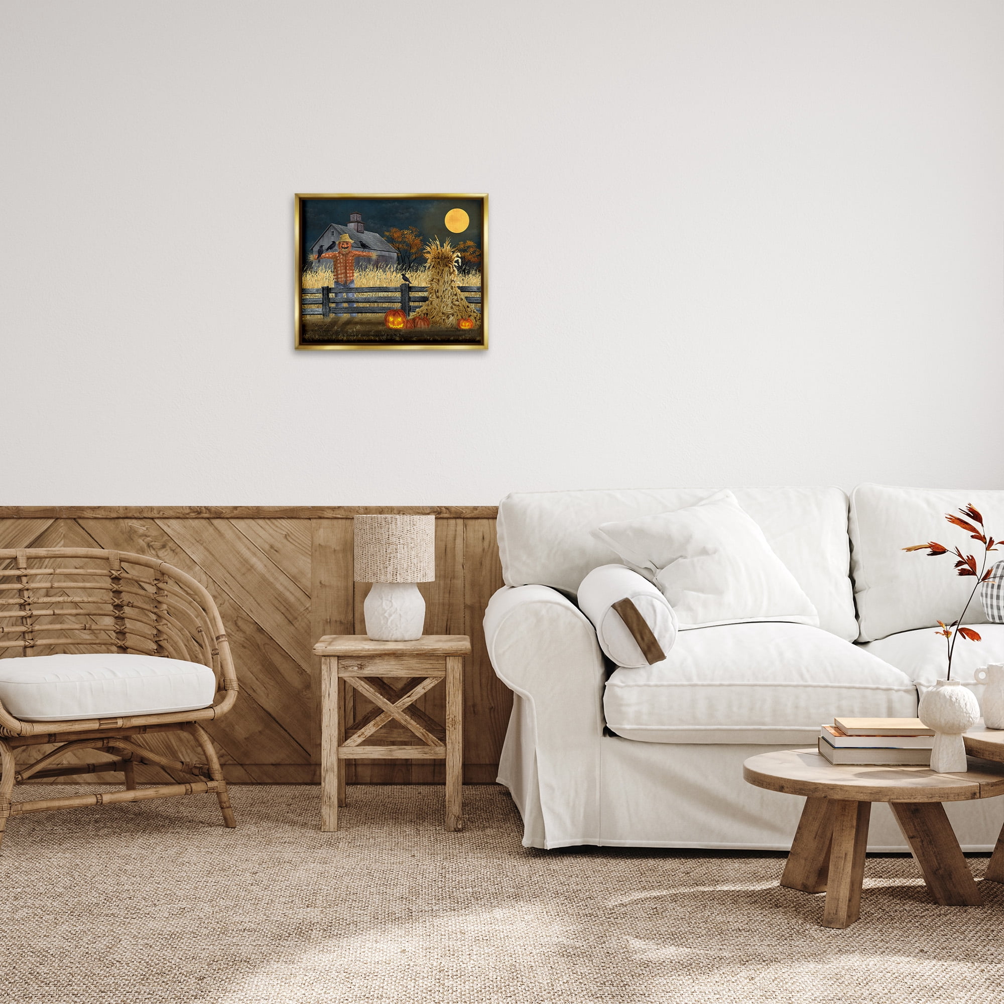 Stupell Industries Scarecrow Farm Landscape Holiday Painting Gold Floater Framed Canvas Art Print Wall Art, 21 x 17