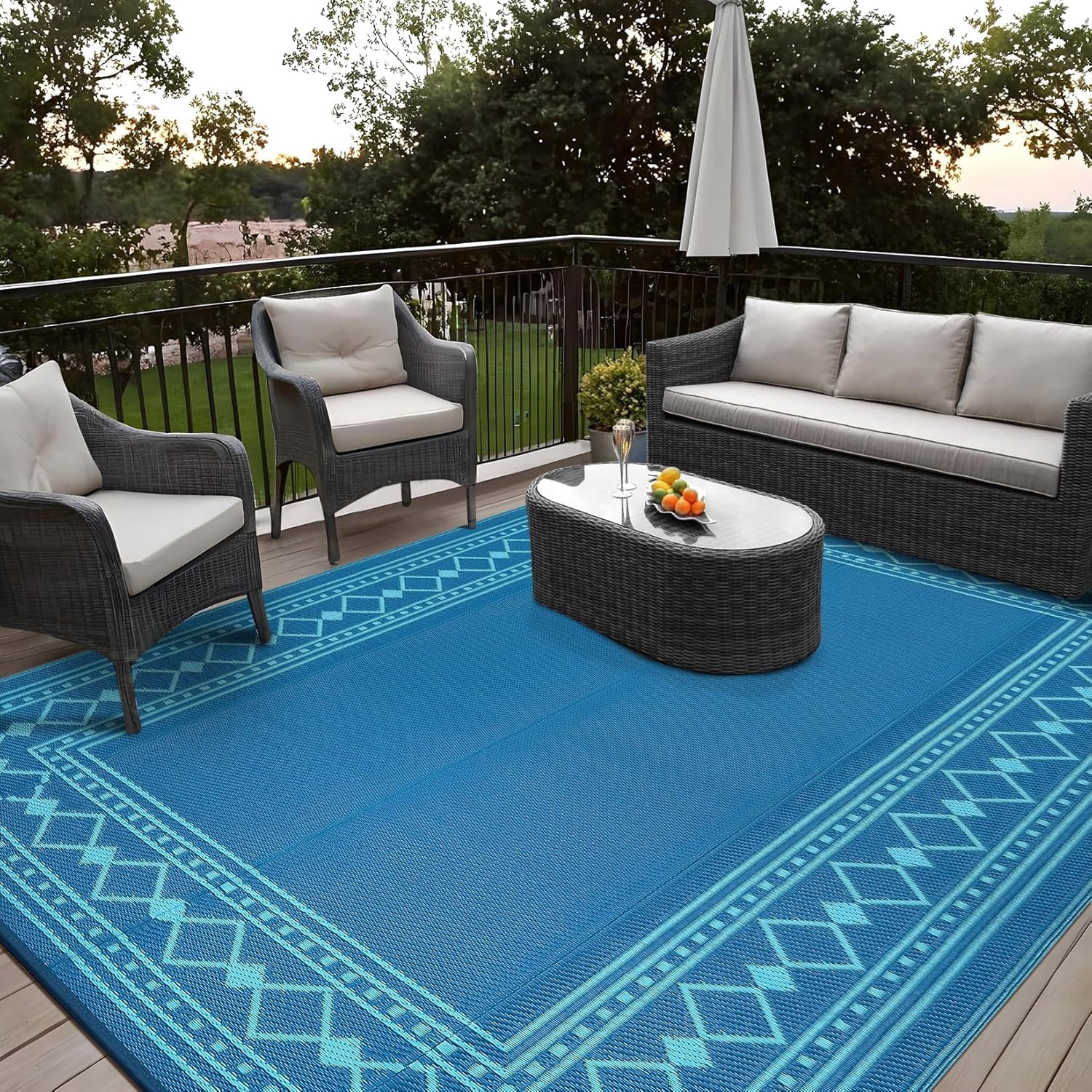 Memoryfield 9' x 18' Outdoor Rug Waterproof, Reversible Plastic Straw Patio Mat, Portable Rug for Deck, RV, Camping & Balcony, Blue