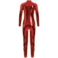 thumbnail image 2 of Hansber Kids Girls Shiny Metallic Dance Unitard One Piece Wet Look Bodysuit Long Sleeve Full Length Jumpsuit Red XL/150, 2 of 8