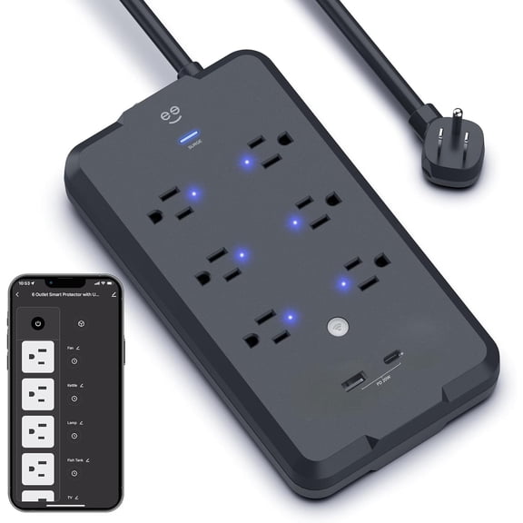 Geeni Smart Plug Power Strip, 6 Outlets and 2 USB Ports, 6 ft. Cord, Surge Protector with Voice Control, WiFi Control, Compatible with Alexa & Google Home, No Hub Required, Black