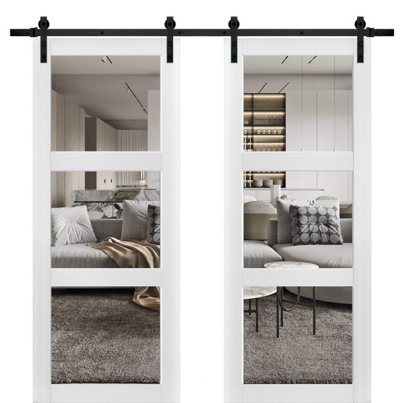 Sturdy Double Barn Door 36 x 80 inches with Clear Glass 3 Lites | Lucia 2555 Matte White | Top Mount 13FT Rail Hangers Heavy Set | Solid Panel Interior Doors