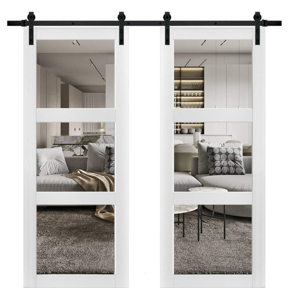 Sturdy Double Barn Door 72 x 84 inches with Clear Glass 3 Lites | Lucia 2555 Matte White | Top Mount 13FT Rail Hangers Heavy Set | Solid Panel Interior Doors