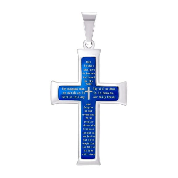 Stainless Steel Blue-tone Mens Lord's Prayer Cross Religious Charm Pendant Necklace for Men