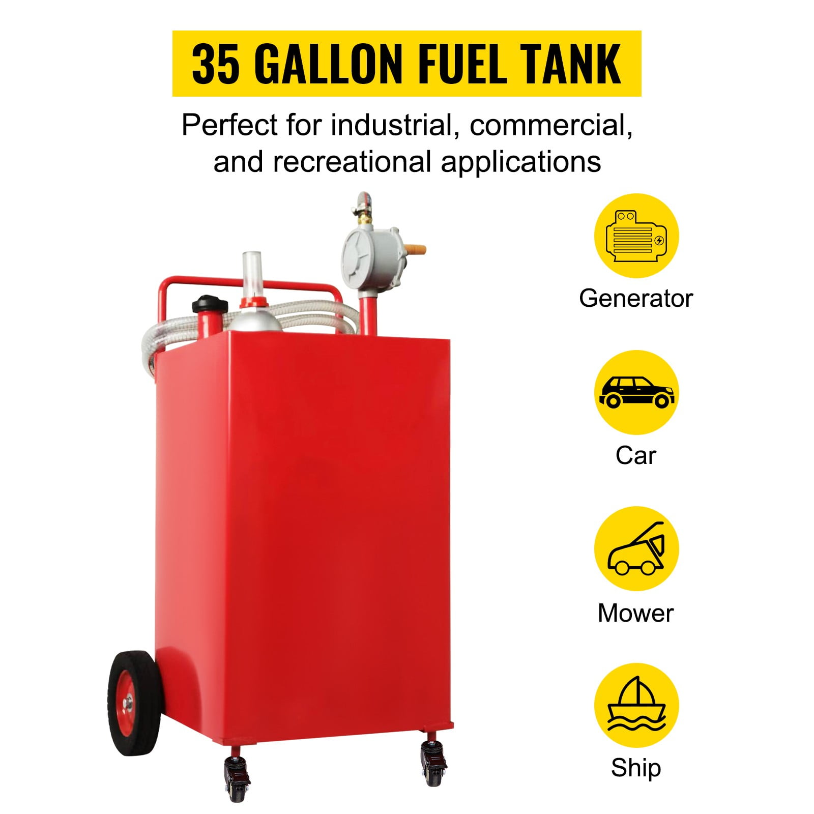 VEVOR Fuel Caddy Fuel Storage Tank 35 Gallon 4 Wheels with Manuel Pump, Red