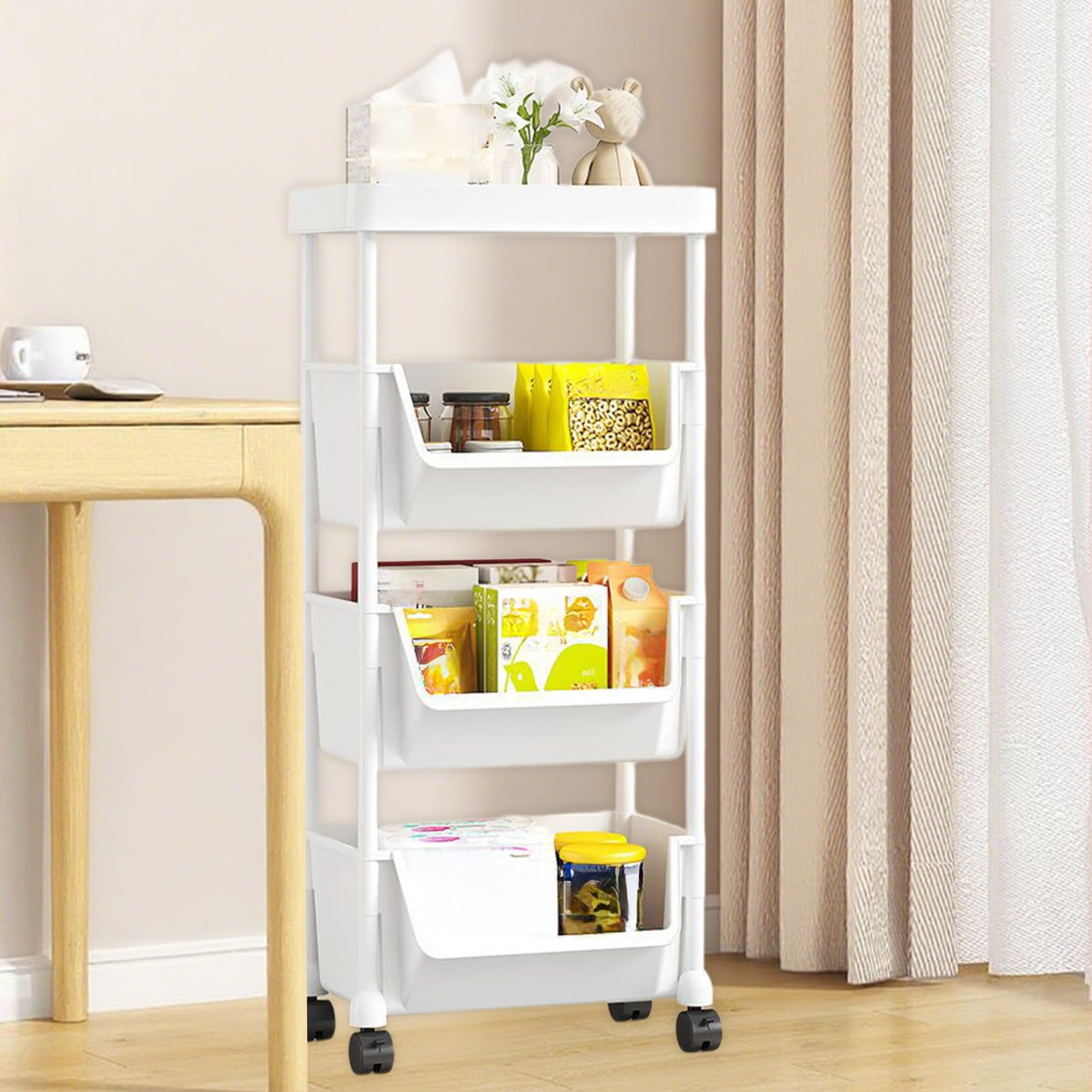 Plastic Storage Shelf Multi-Tier Plastic Storage Shelf with Wheels Movable Organization Rack for Living Room Bedroom Kitchen Bathroom Home Storage Solution with Hooks and Heavy Duty Frame