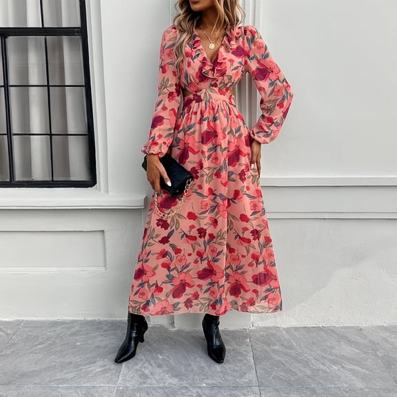 New Spring/Summer Women's Resort Casual Color Block Print V-Neck Dress