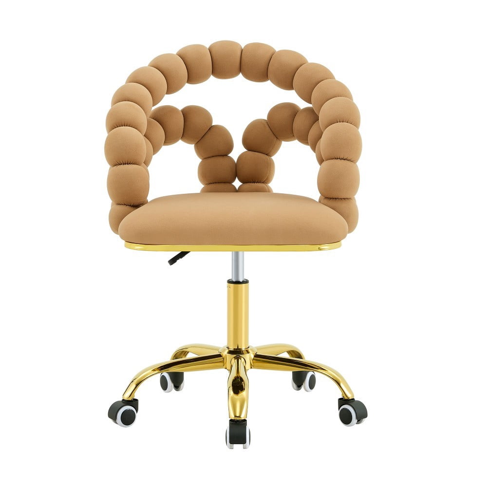 Velvet Office Chair, Adjustable Swivel Desk Chair with Bubble Back, Gold Metal Base, Rolling Vanity Chair for Home Office, Bedroom & Makeup Room, Brown