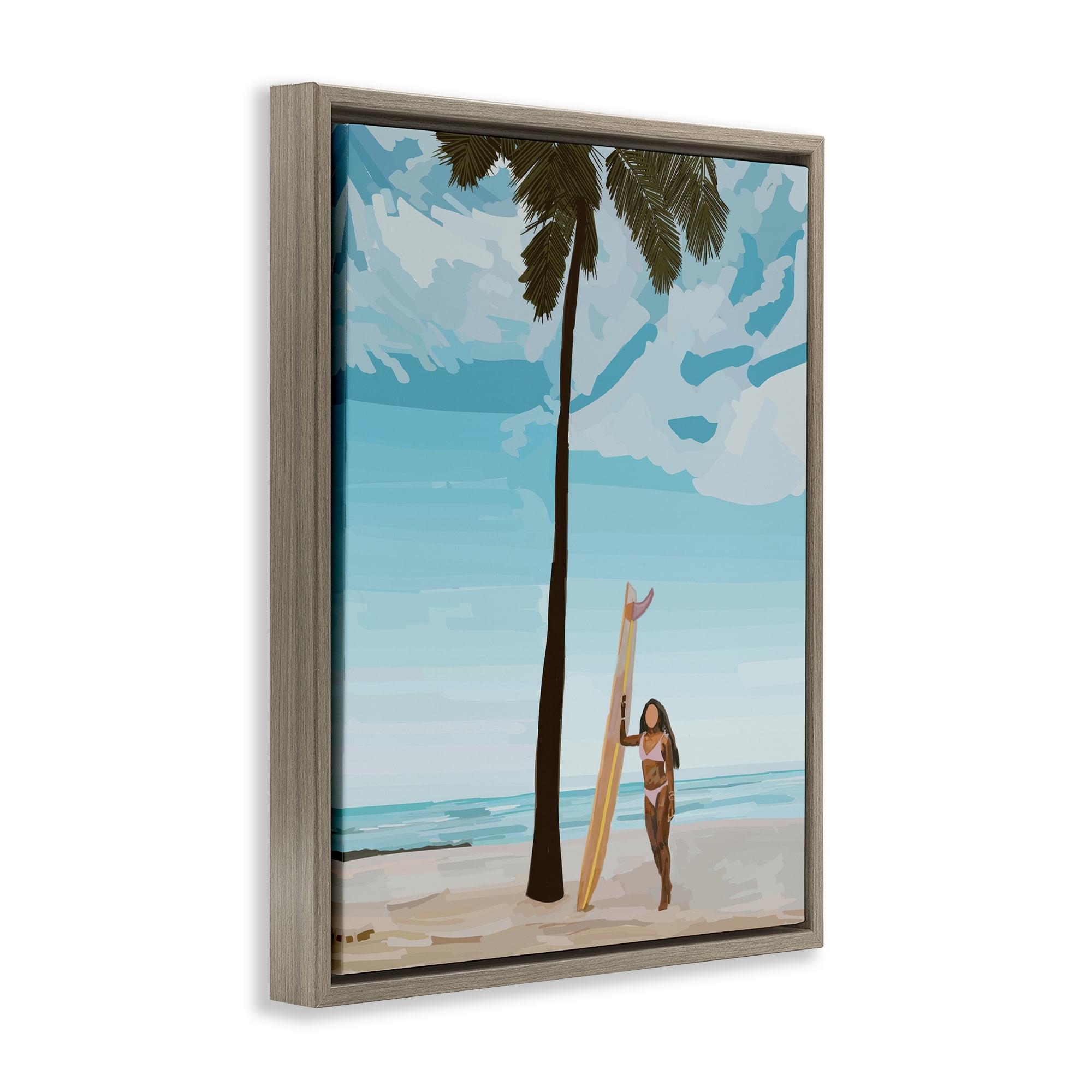 Stupell Industries Tropical Beach Day Girl Nautical & Beach Painting Brown Floater Framed Canvas Art Print Wall Art, 25 x 31