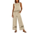 thumbnail image 2 of 2 Piece Cotton Linen Outfit, Women's Lace Trim Sleeveless Top & High Waist Wide Leg Pants for Travel, Beige L, 2 of 8