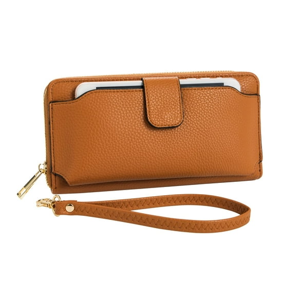 Women Wristlet Wallet with Cell Phone Holder Zip Around Handbag COGNAC