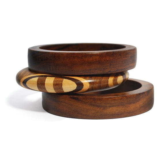 Pure Hands Muse Glee Trio – Handmade Wooden Bangle Set, Sissoo & Saffron Teak Wood, Handcrafted Inlaid Design, Wax Polished Bohemian Jewelry for Women