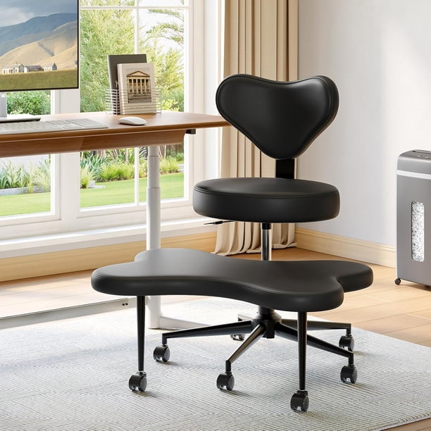 Sillón Ergonómico Pinmoco para Piernas Cruzadas, Giratorio 360° con Ruedas, Altura Ajustable, Cuero PU Negro