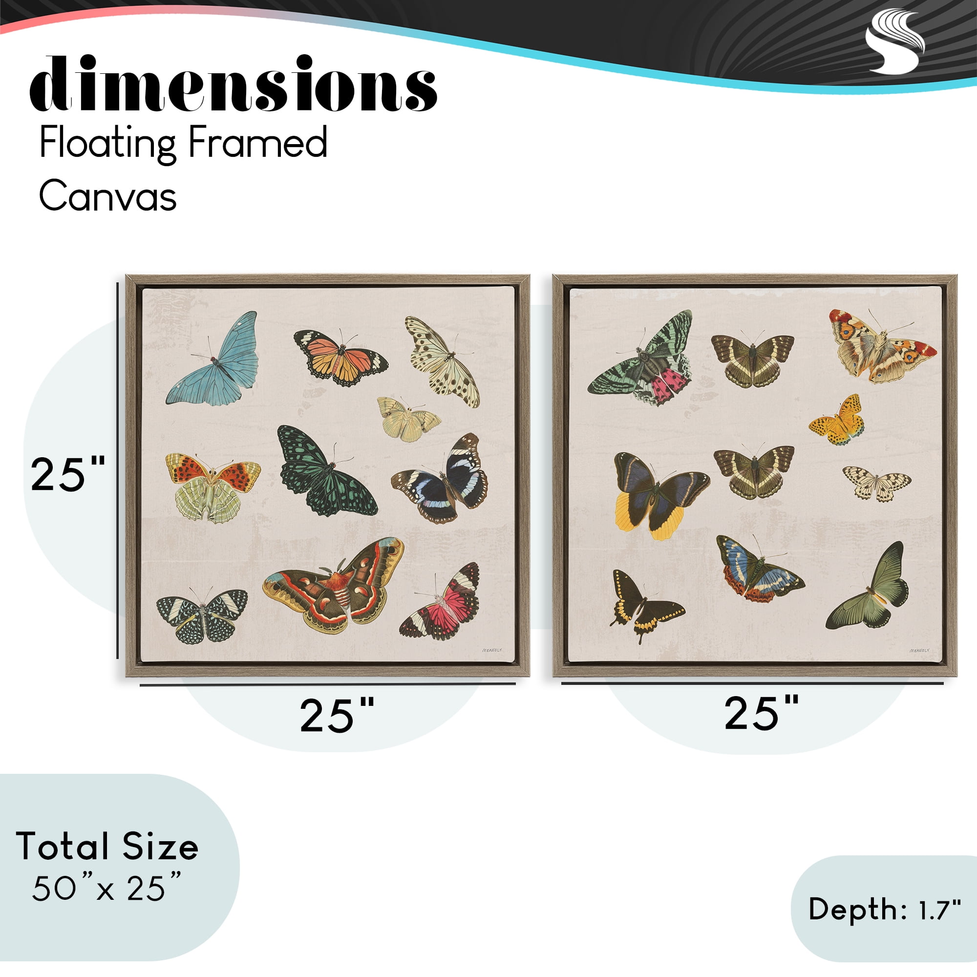 Stupell Industries Collection of Vintage Butterflies 2 Piece Brown Framed Floater Canvas Set, design by Dan Meneely