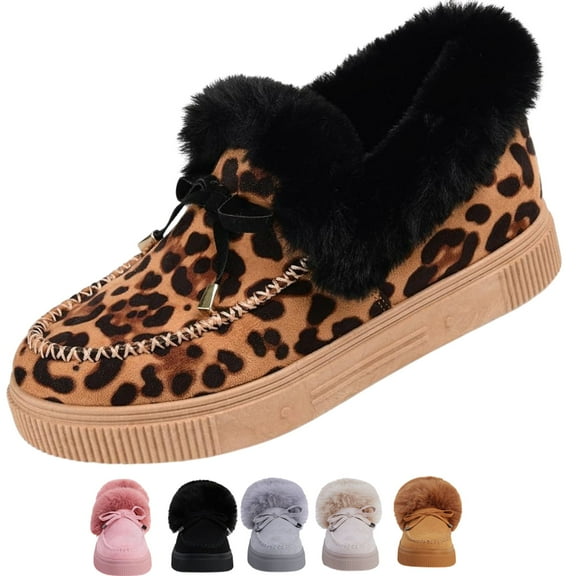 CHICVOMEY Bow Loafers for Women Moccasin House Slippers Winter Slip-On Loafers with Fur Lining Platform Sole for Casual Walking