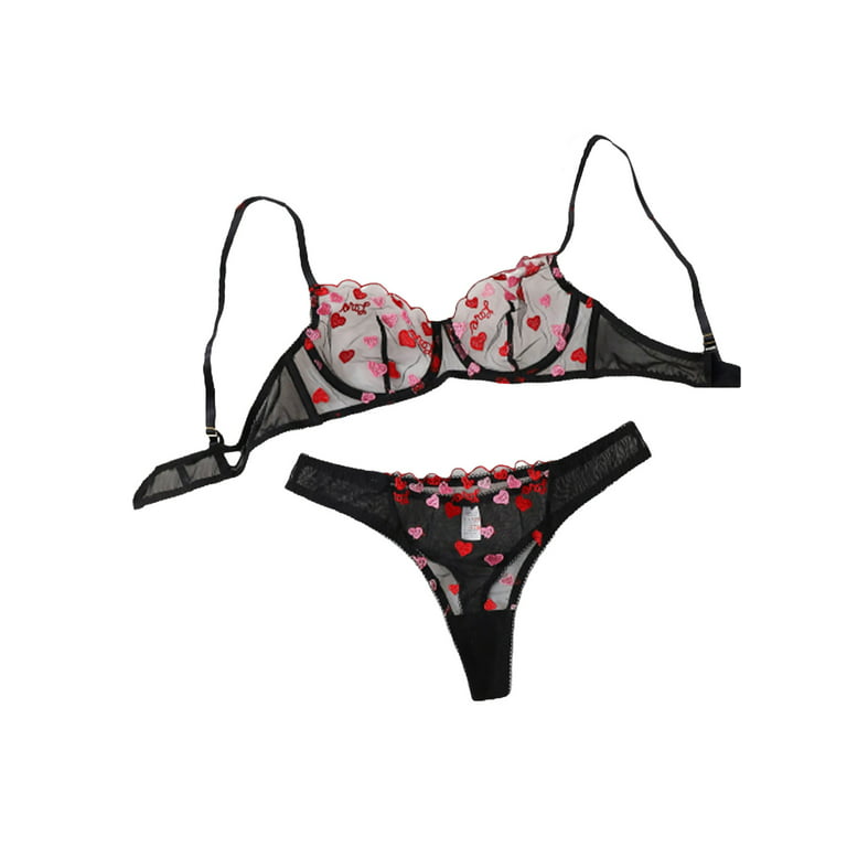 Sunisery Valentines Day sexy lingerie for women, Heart Embroidery Mesh  Perspective Bra Tops and Panty Set 