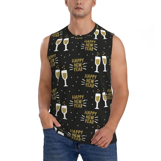 Bingfone Happy New Year Pattern Men's Tank Tops Workout Sleeveless Tee Shirts Running Beach Tanks for Men-X-Large