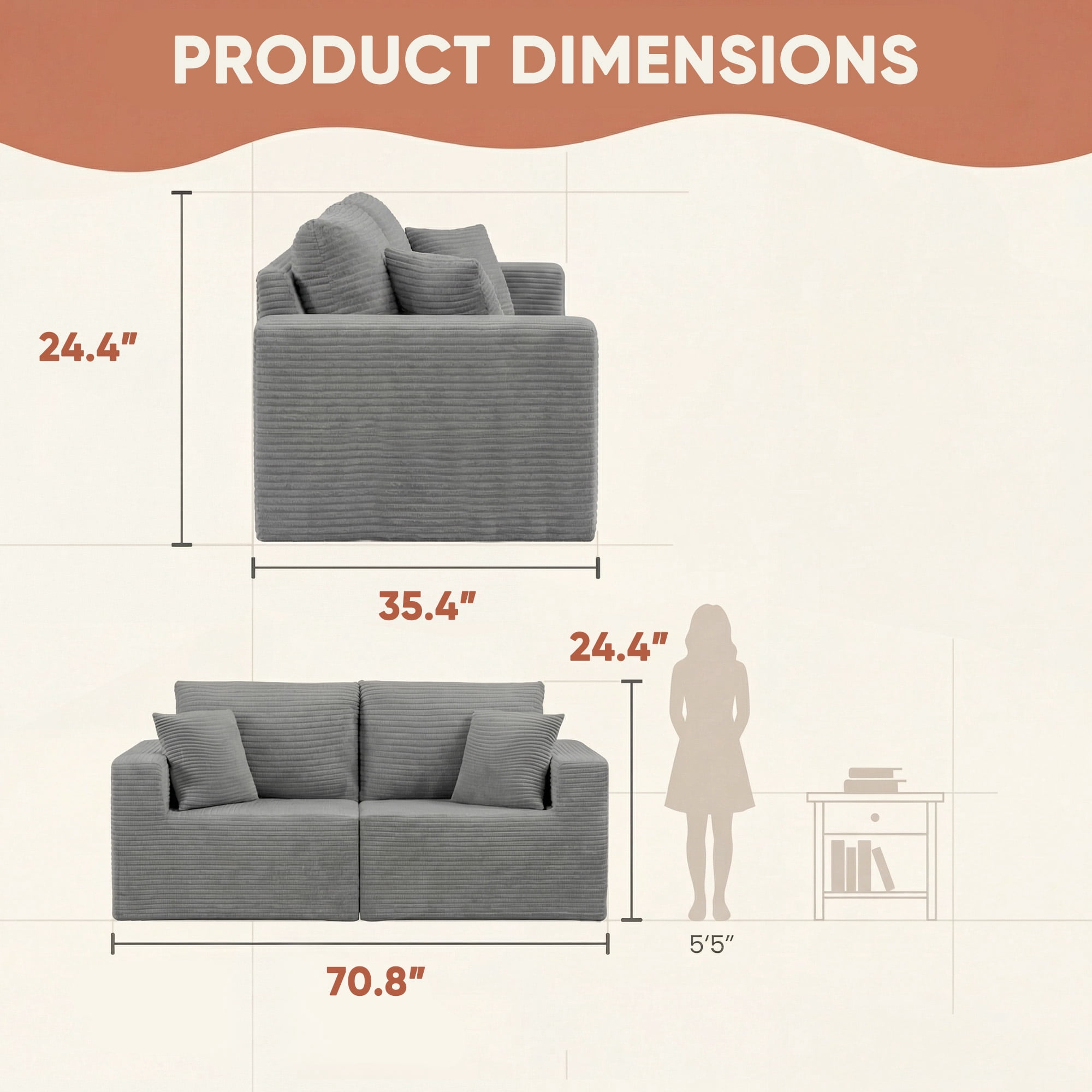 Homall 2-Seat Modular Corduroy Sofa, Sectional Couch with Convertible Modules, Modern Minimalist Sofa Set for Living Room, Freely Combinable Sofa Furniture, Grey