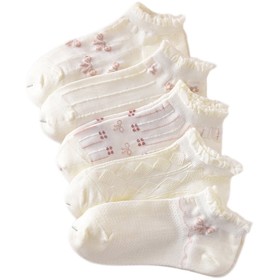 Byfri 5 Pairs Cartoon Floral Short Socks Polyester Breathable Casual Socks for Women Spring Autumn Style2