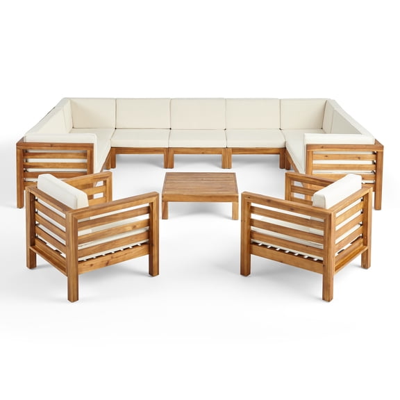 GDF Studio Cascada Outdoor Acacia Wood 11 Seater Sectional Sofa and Club Chair Chat Set with Cushions, Teak and Beige