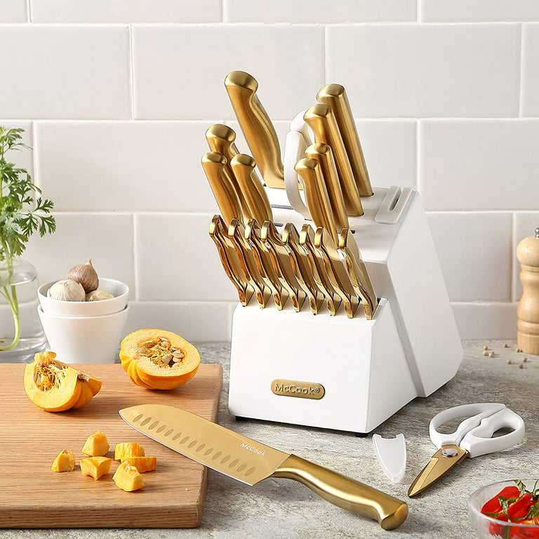 Gold Knife Set with Block Self Sharpening - 14 PC Luxurious Titanium Coated Gold and Off-White Kitchen Knife Set and White Knife Block with