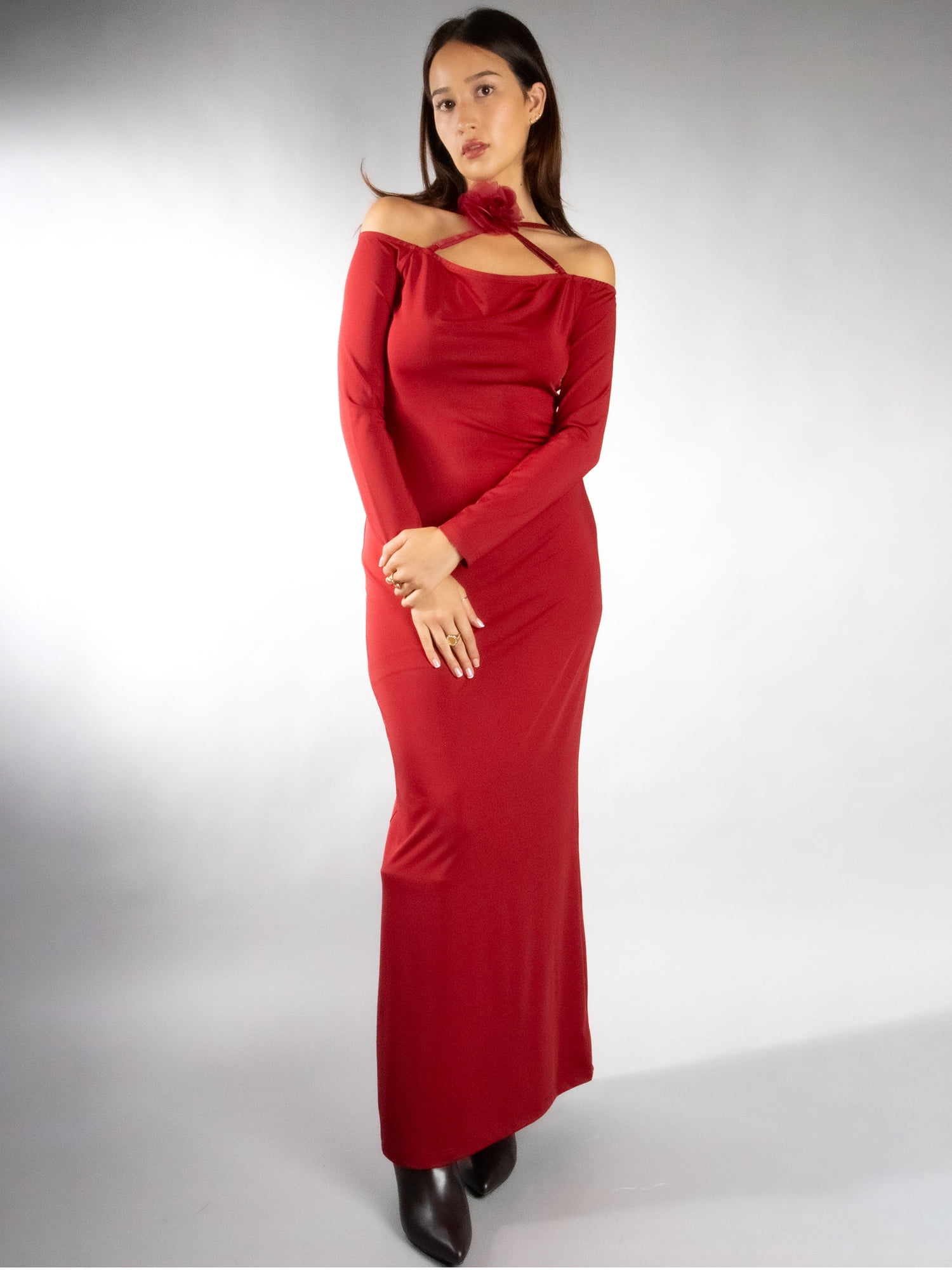 DARING DIVA Women's Stylish Bodycon Off Shoulder Maxi Dress L Burgundy