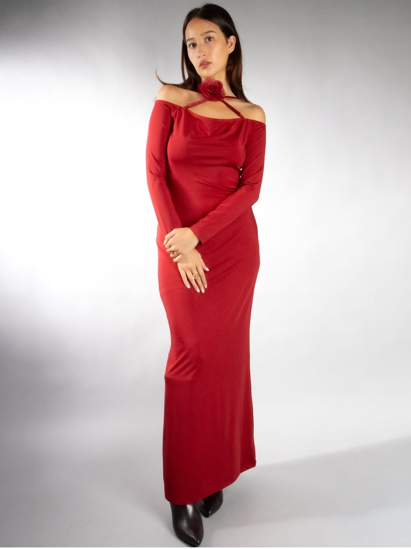 walmart burgundy dress Starred | Burgundy Crew-Neck Maxi Dress With Drop-Waist And Satin Wrap-Skirt