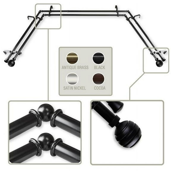Central Design ABay-91-2D 0.8125 in. Louise Bay Window Double Curtain Rod with Side Rod Extends Upto 20 to 36 in. & Center Rod Extends Upto 38 to 72 in., Black