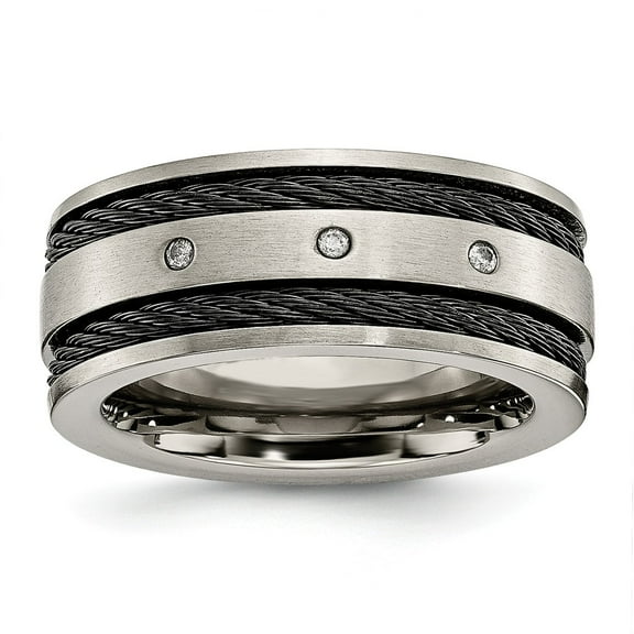 Grey Titanium Ring Band Wedding Diamond Black IP-plated Cable and Diamonds 10mm Brushed
