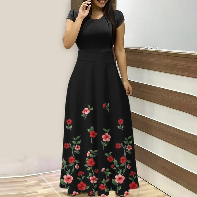 ICHUANYI Clearance Women's Floral Print Colorful Summer Dress Short Sleeve Dresses Beach Casual Maxi Sundress(Red, S) ICHUANYI WER2023081116399