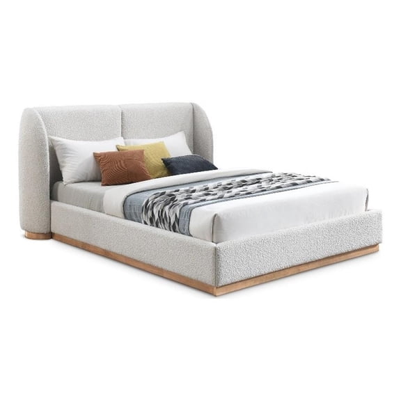 Pemberly Row Contemporary Cream Boucle Fabric Queen Bed in Natural Oak Finish