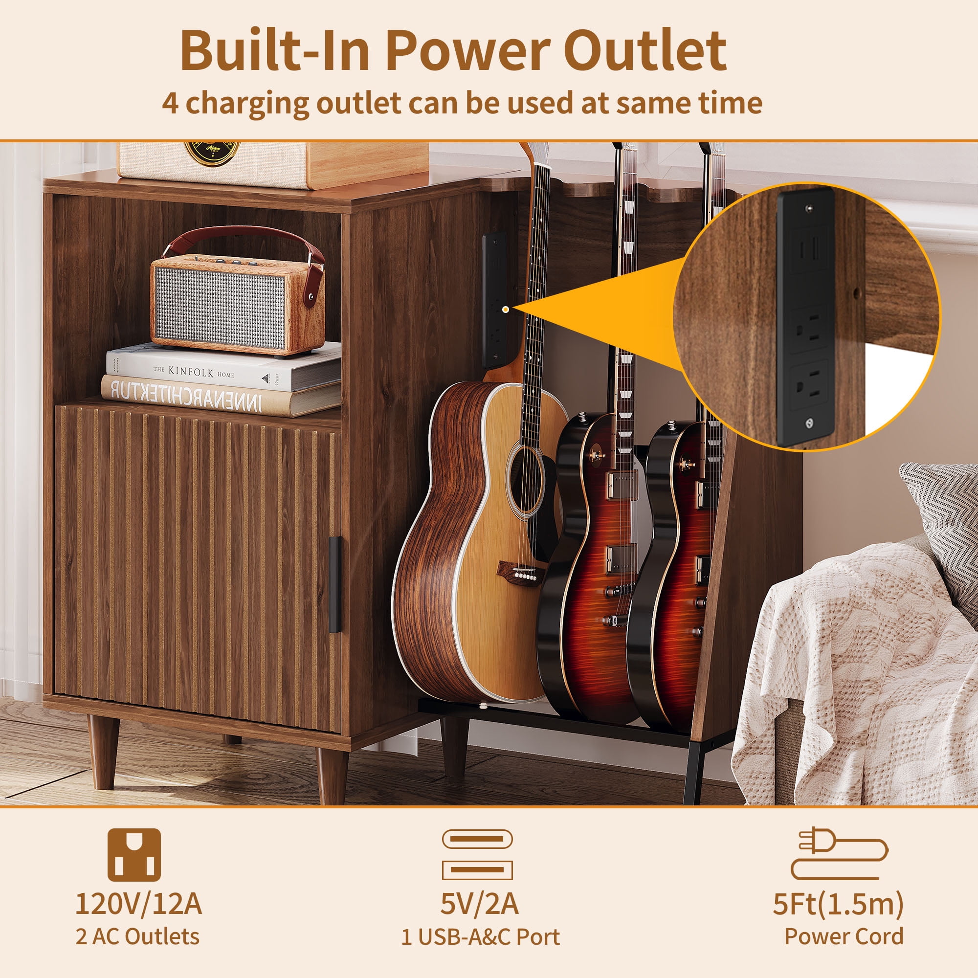 WARAYZ Guitar Stand & Record Player Shelf, Vinyl Record Organizer Cabinet, Acoustic/Electric Guitar Rack with Built-in Power Outlet & Speaker Storage