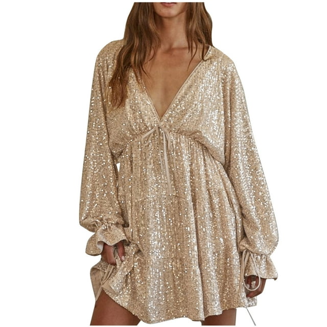 Amzcrzy Robe Fluide Formelle pour Femme Robe à Paillettes Manches Longues Col en V Profond Broderie Événement Fête Cocktail Mini Patineuse Robes Midi Robe de Soirée P-3TG