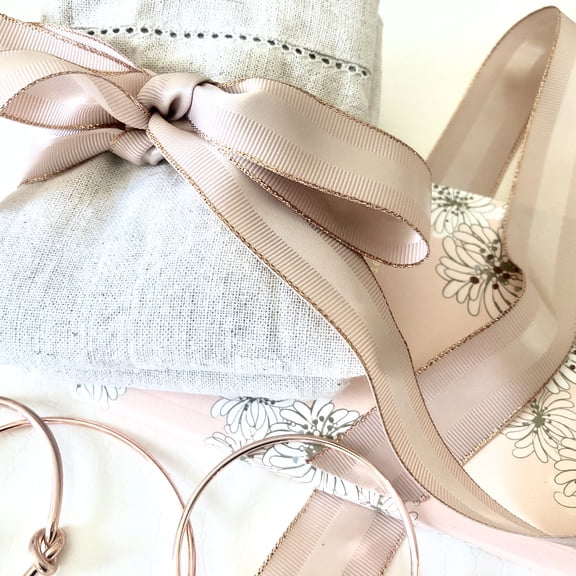 Tan & Rose Gold Grosgrain Ribbon 1 inch, 30 Yards, 10 Yards Per Roll, 3 Rolls | Double Face, Premium Fabric Ribbon with Metal Trim | for Gifts, Party Favors, Baby Showers, Crafts, Corporate Gifts