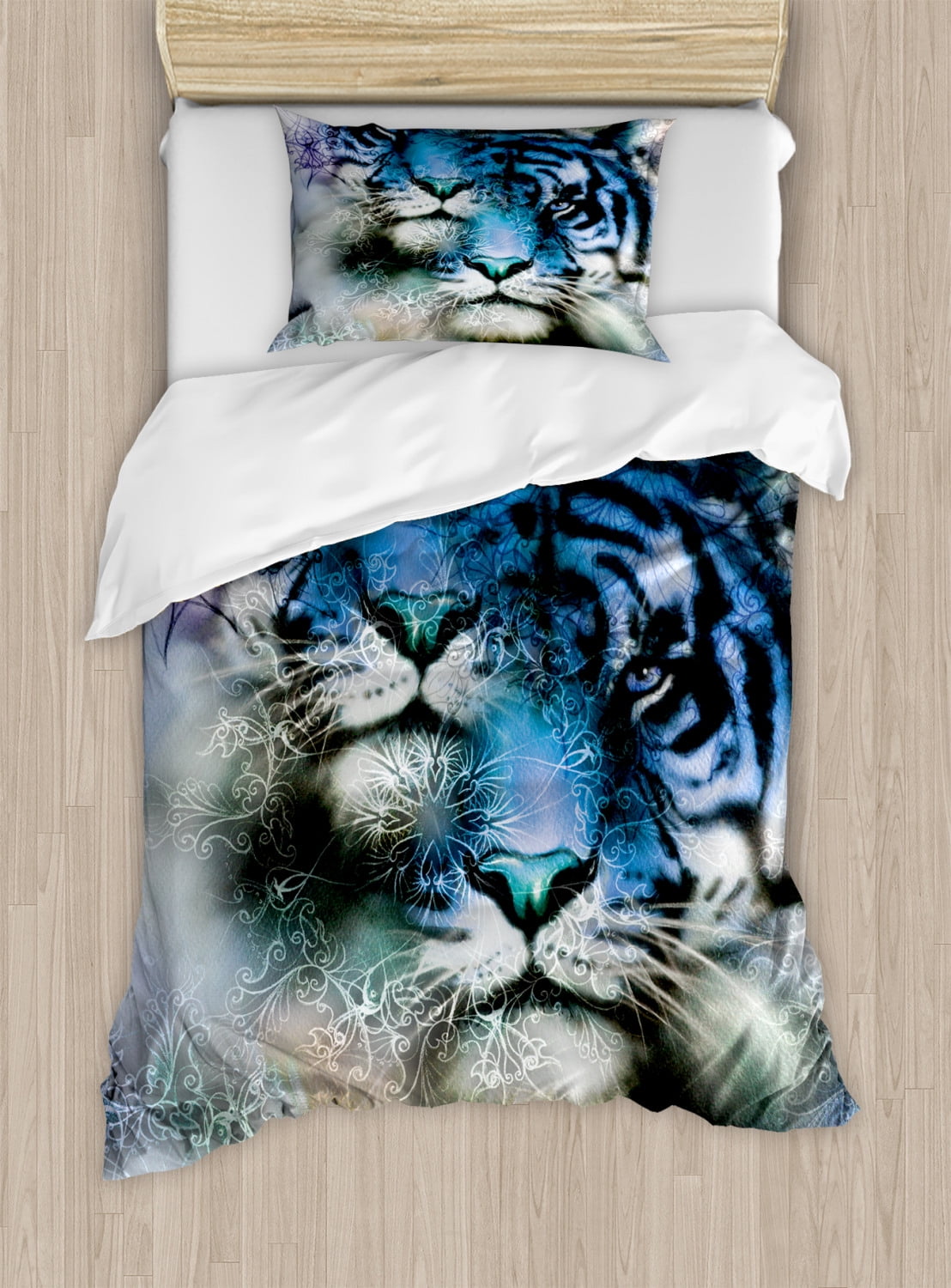 Animal Duvet Cover Set Twin Size, Two Tiger Safari Cat African Wild