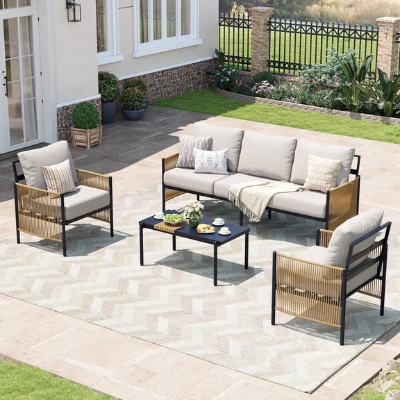 Jableast Outdoor Patio Furniture Set, 4 Piece Patio Conversation Sets with Coffee Table, HDPE Rope & Aluminum Armrests, All Weather Patio Set with Thick Cushions for Deck, Backyard, Indigo Ink