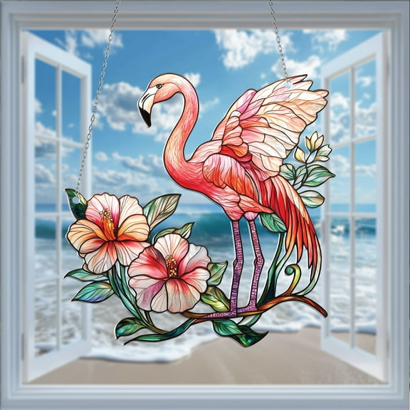 Flamingo Window Hanging - Acrylic Suncatcher with Tropical Flowers - Vibrant Home Decor Gift for Mom, Mother’s Day, Bird Lovers & Nature Enthusiasts