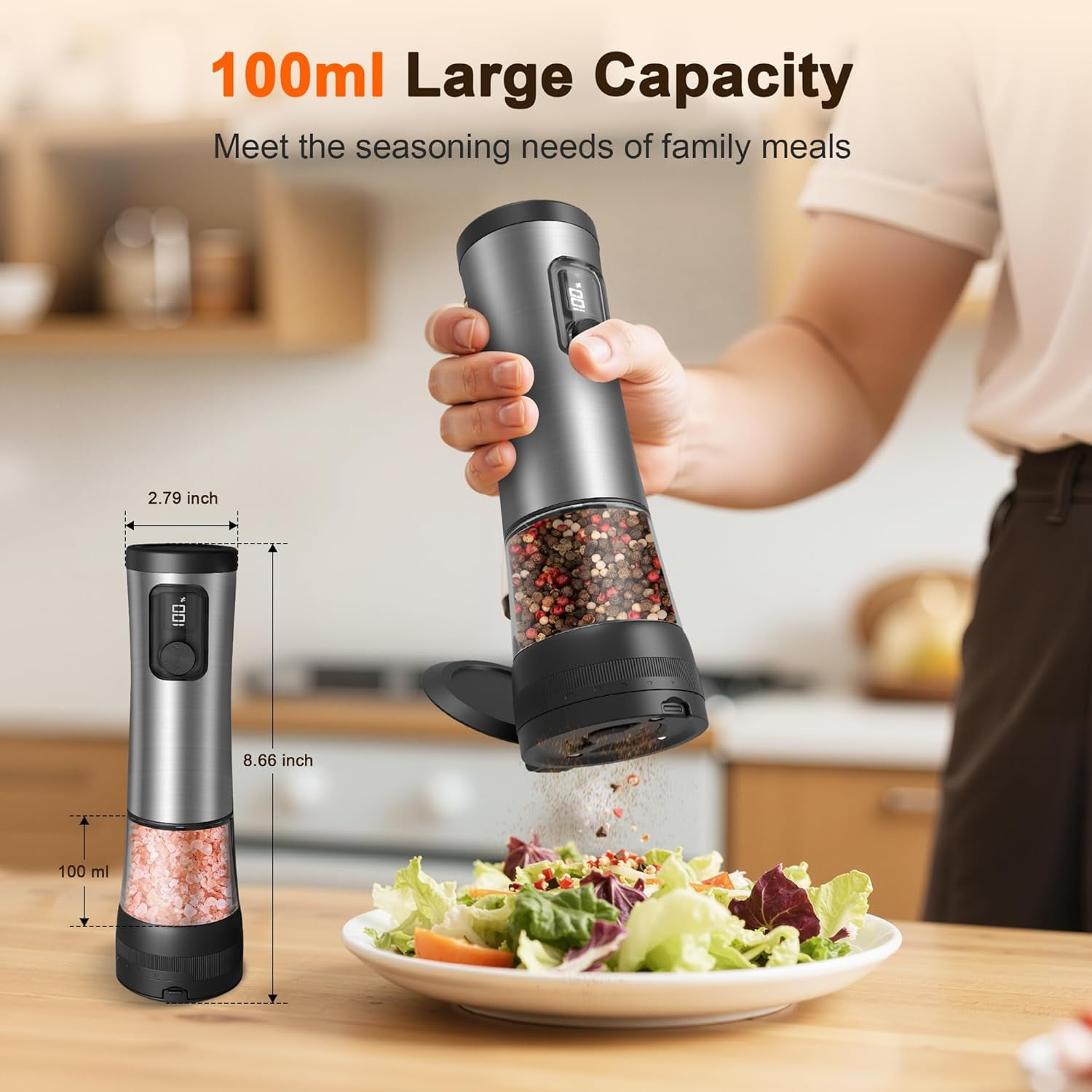 Electric Salt and Pepper Grinder Set - Automatic Rechargeable Pepper Mill with LED Battery Display & USB-C Charging Base, 5-Level Adjustable Coarseness Stainless Steel Spice Shakers for Kitchen, Dini