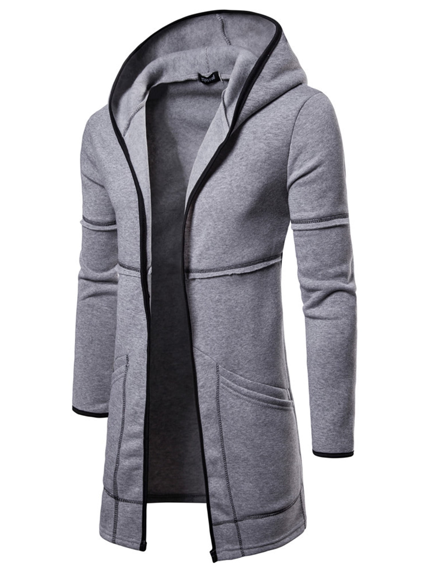 MmNote Mens Hooded Solid Trench Coat Jacket Open Front Cardigan Long Sleeve Outwear Jacket 
