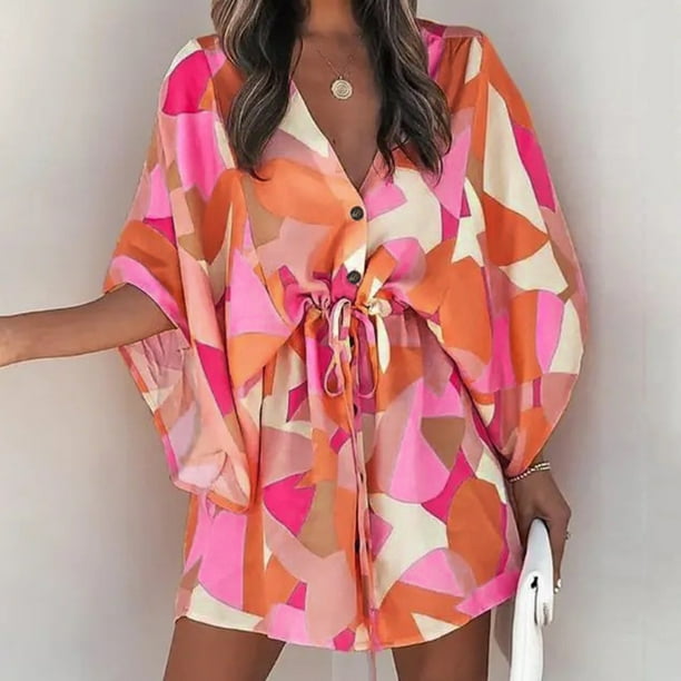 WILLBEST Vestidos de Algodon Vestido Corto de Corte A con Nudo Frontal y Cuello Floral para Mujer Chica