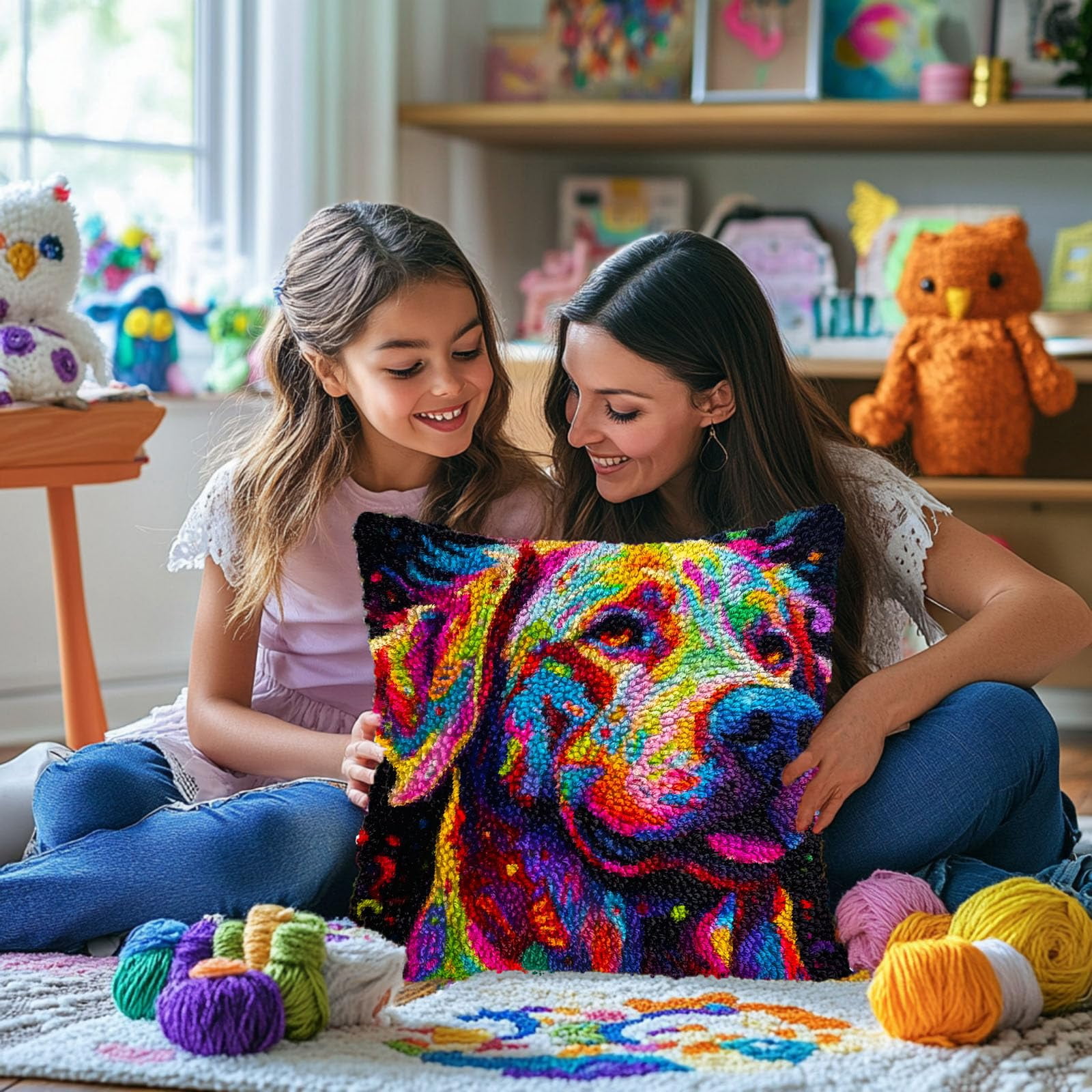 Colorful Labrador Retriever DIY Latch Hook Pillow Kits for Adults Printed Pillowcase Crochet Yarns Hooking Handmade Pillow Cover Cushion for Home Sofa Decoration 17x17inch(1)