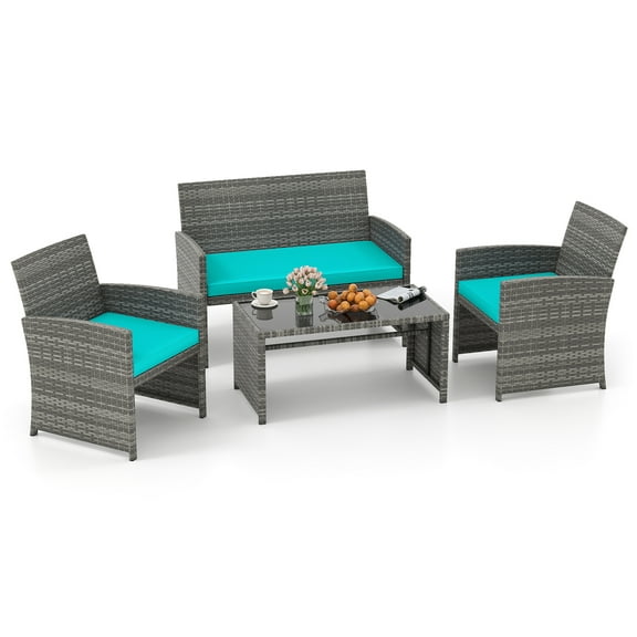 Gymax 4PCS Patio Outdoor Conversation Set w/Seat Cushions & Tempered Glass Tabletop Turquoise