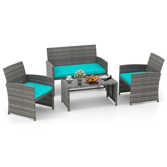 Gymax 4PCS Patio Outdoor Conversation Set w/Seat Cushions & Tempered Glass Tabletop Tuurquoise