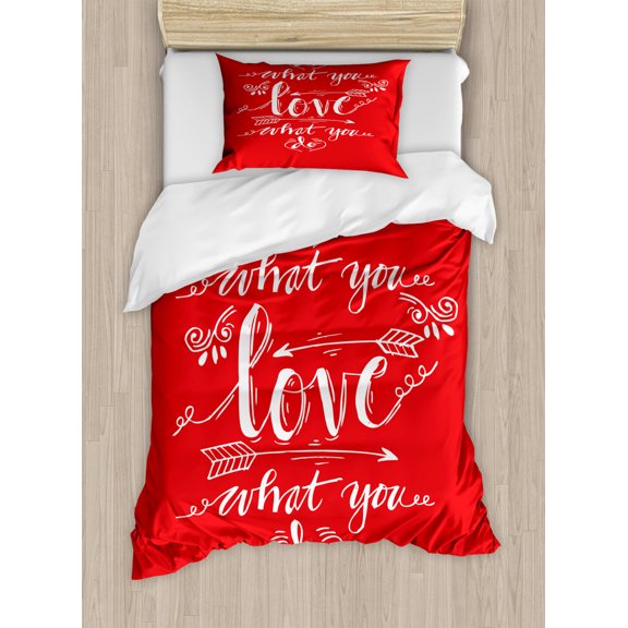 Love What You Do Duvet Cover Set Twin Size, Sketch Elements on Warm Colored Background Powerful Typography, Decorative 2 Piece Bedding Set with 1 Pillow Sham, Vermilion and White, by Ambesonne