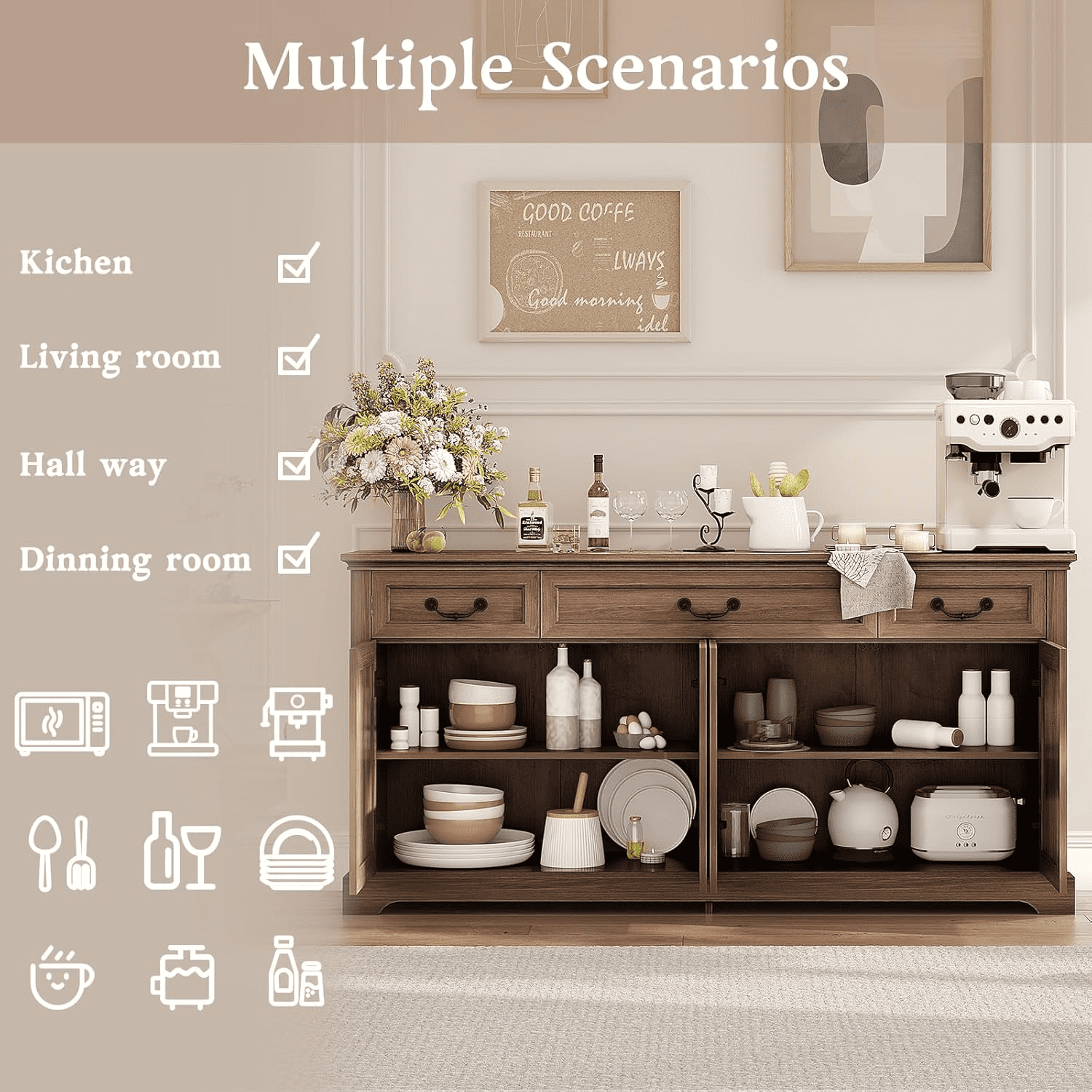 Farmhouse Sideboard Buffet Cabinet with Storage, 64.6'' Large Kitchen Storage Cabinet with Barn Doors Drawers, Wood Coffee Bar Table for Dining Room Living Room,  Brown