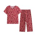 thumbnail image 2 of Sakmal Womens Plus Size Pajamas Sets Cropped Red Short Sleeve Floral Button Down Cotton and Linen Nightwear Tops for Ladies, 2 of 3