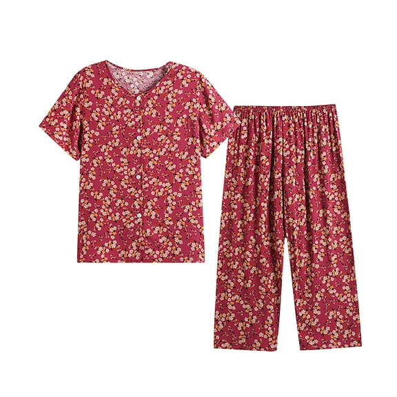 Pajamas Women Cotton Linen Comfy Pajamas, Ladies Pyjamas Set Floral Printing Short Sleeve Loungewear Top and Wide Leg Pants Cropped Trousers Soft Nightwear Sleepwear Red XXXL